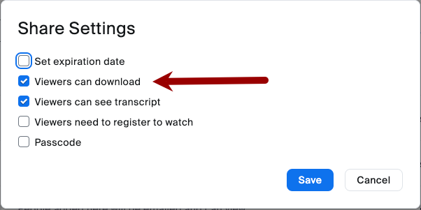 Screenshot of Viewers can download toggle in Zoom