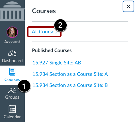 Screenshot of Canvas Student All Courses Menu