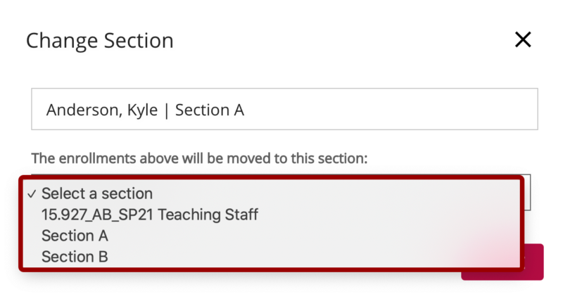 Screenshot of Section Change Dropdown