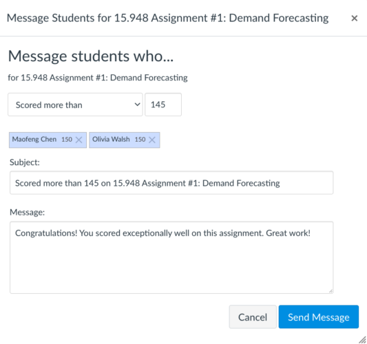 screenshot of message students who scored more than