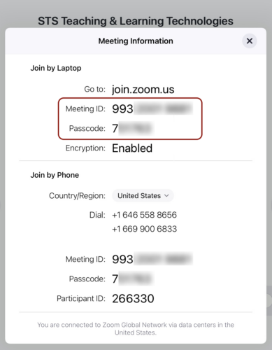 Screenshot of the Zoom Room Meeting information panel