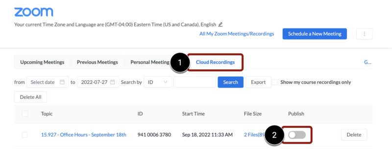 Screenshot of Publish Recording toggle on Cloud Recordings tab