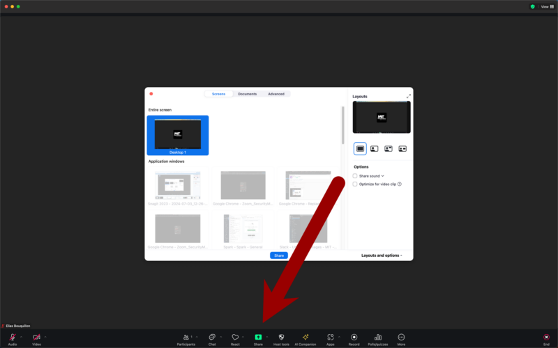 Screenshot of the zoom interface in a screen sharing session with an arrow pointing to share screen and the screensharing 