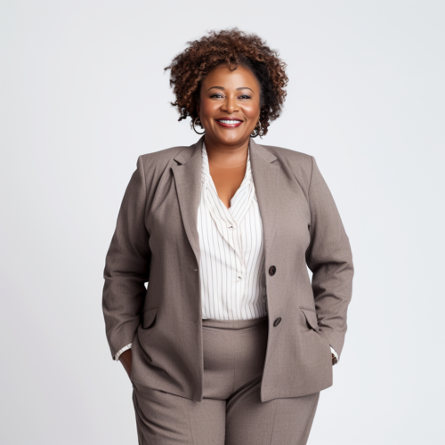 Smiling woman wearing a taupe blazer and plants and a lightly pinstriped shirt