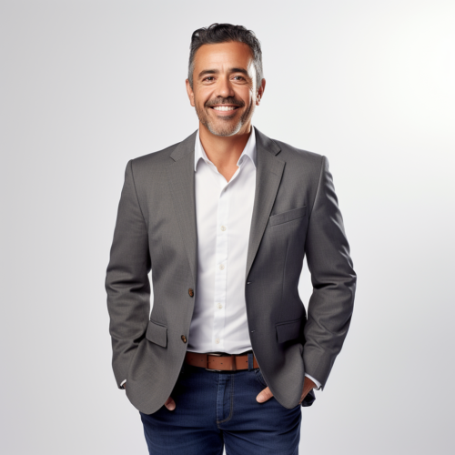 Smiling man wearing a grey blazer, blue jeans, and a white shirt