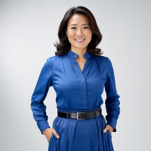 Smiling woman wearing a blue collared dress with a belt