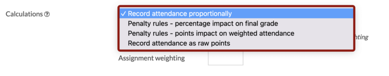 Screenshot of Calculations drop-down menu