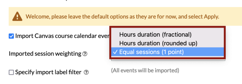 Screenshot of the Imported session weighting drop-down menu