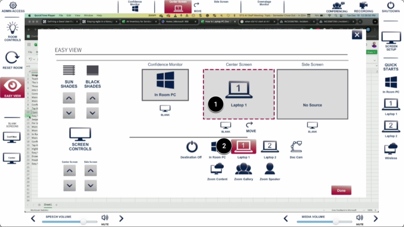 Screenshot of easy view with the center screen as step one and laptop 1 as step 2