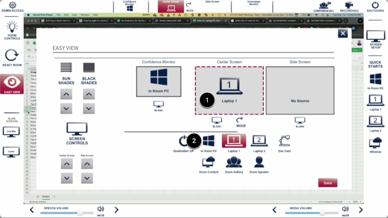 Screenshot of easy view with the center screen as step one and in room pc as step 2