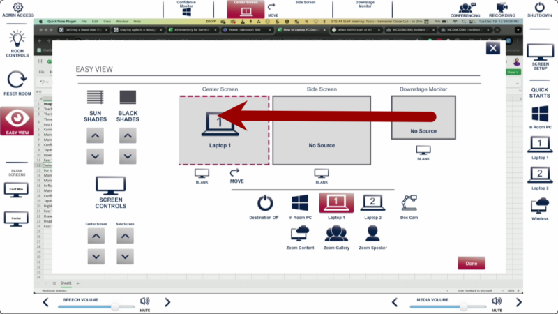 Screenshot of the easy view panel indicating one needs to swipe left to get to the downstage monitor.