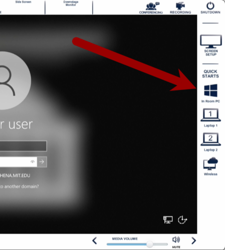 Screenshot of an arrow pointing to the in room pc quick start