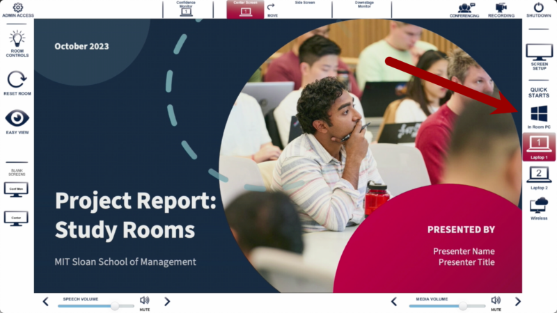 Screenshot of the classroom interface with an arrow pointing to the In Room PC quick start