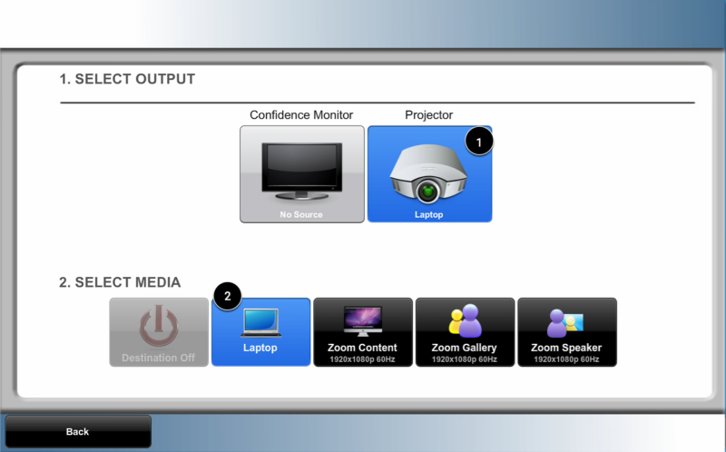 The classroom control interface routing page with the projector and laptop selected