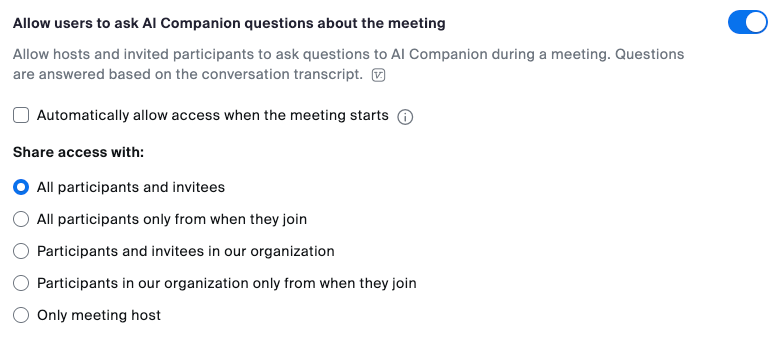 Screenshot of AI Companion meeting settings for asking questions about the meeting