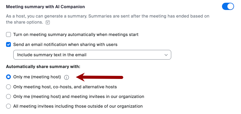 Screenshot of AI Companion settings for meeting summaries with an arrow pointing to Automatically share summary with only me (meeting host)