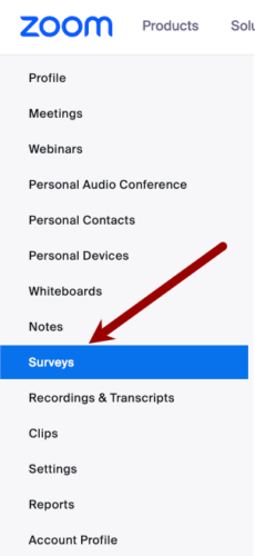 Screenshot of the sidebar in zoom's website with an arrow pointing to surveys